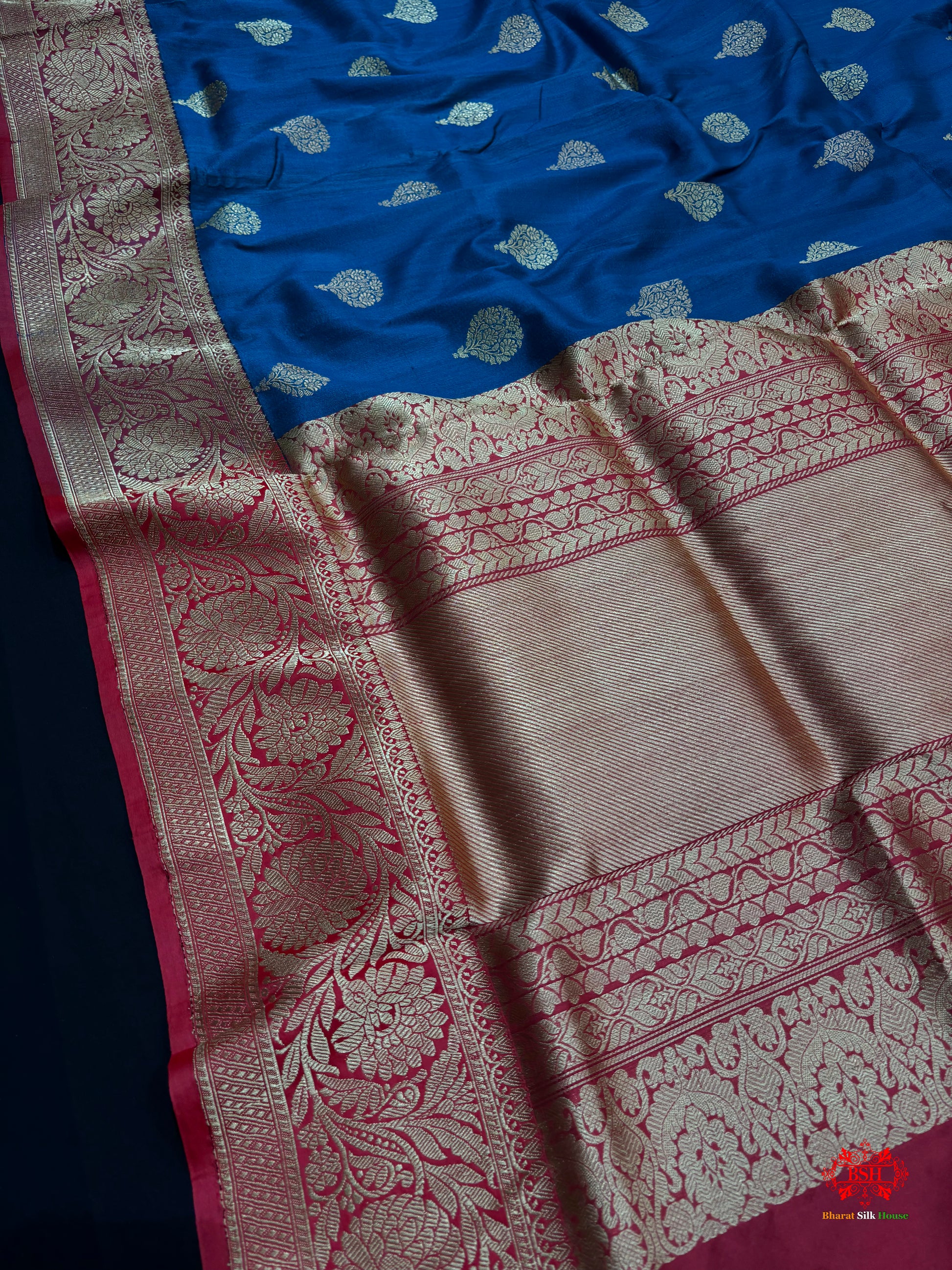 Blue Shade Pure Banarasi Tusser Moonga Silk Saree - Pure Kataan Silk - 