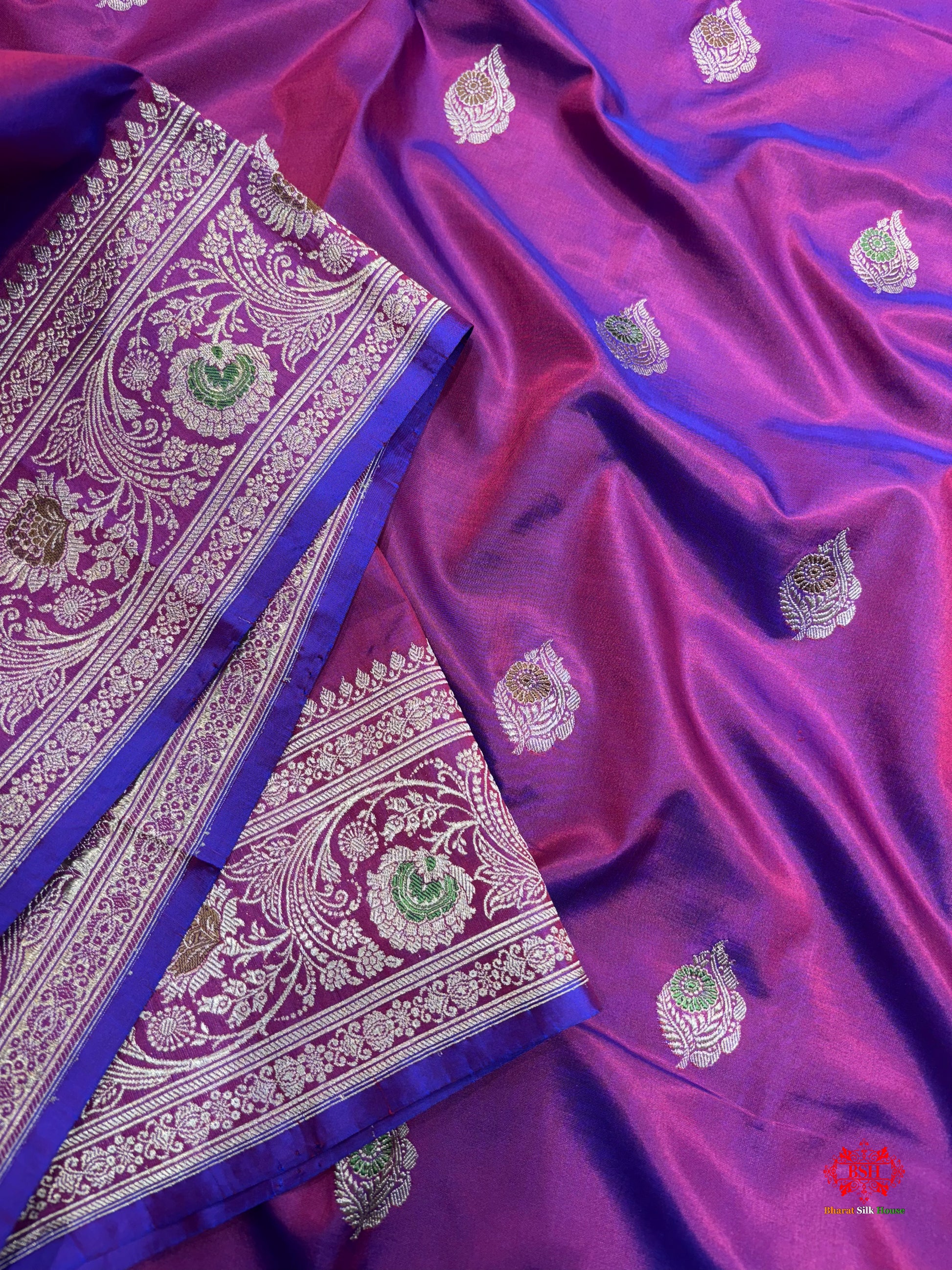 Pure Banarasi  Handloom Katan Silk Antique Meena Zari Saree In Cross Shades Of Pink/Blue - Pure Kataan Silk - 