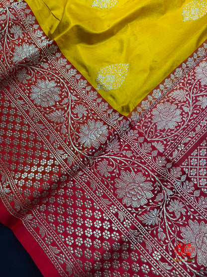 Pure Banarasi  Handloom Katan Silk Antique Zari Saree In Shades Of Yellow - Pure Kataan Silk - 