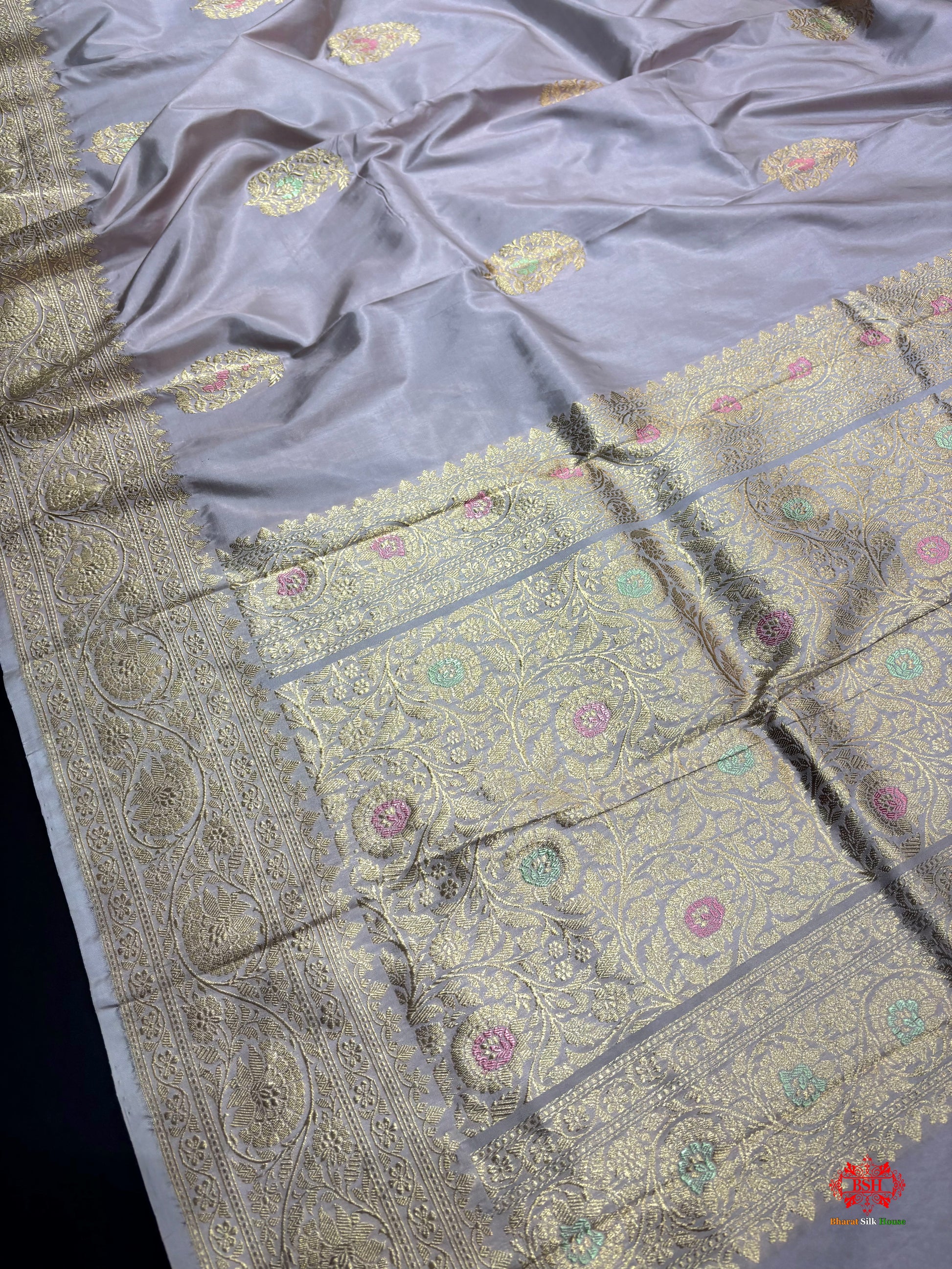Pure Banarasi  Handloom Katan Silk Antique Zari Meenakari Saree In Shades Of Grey - Pure Kataan Silk - 