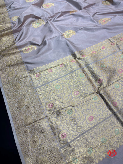 Pure Banarasi  Handloom Katan Silk Antique Zari Meenakari Saree In Shades Of Grey - Pure Kataan Silk - 