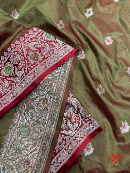 Pure Banarasi  Handloom Katan Silk Antique Meena Zari Saree In Cross Shades Of Green/Red - Pure Kataan Silk - 