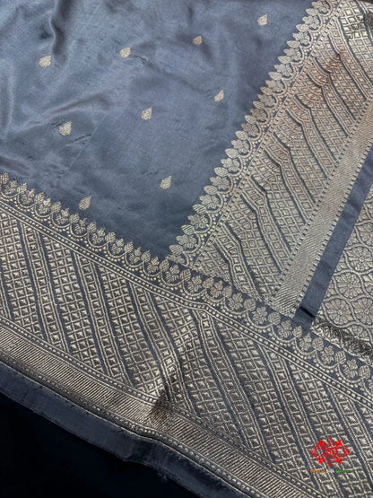 Pure Banarasi  Handloom Katan Silk Antique Zari Saree In Shades Of Grey - Pure Kataan Silk -