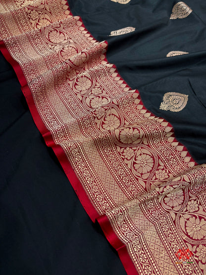 Pure Banarasi  Handloom Katan Silk  Antique Zari Saree In Shades Of Black - Pure Kataan Silk - 