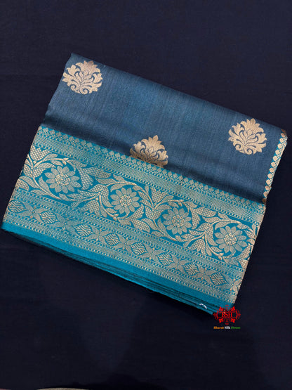 Blue Shade Pure Banarasi Tusser Moonga Silk Saree - Pure Kataan Silk - 