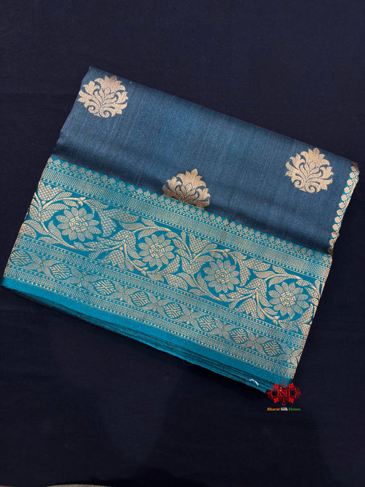 Blue Shade Pure Banarasi Tusser Moonga Silk Saree - Pure Kataan Silk - 