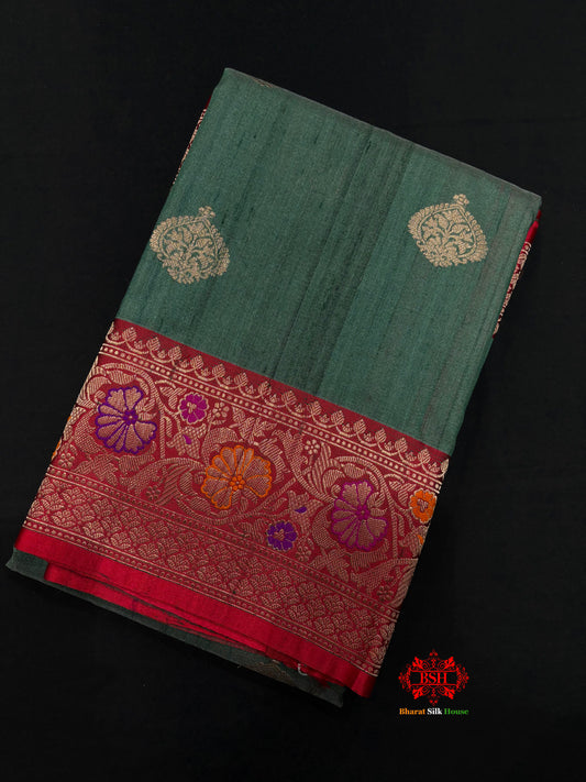 Green Shade With Meena Border Pure Banarasi Tusser Moonga Silk Saree - Pure Kataan Silk - 