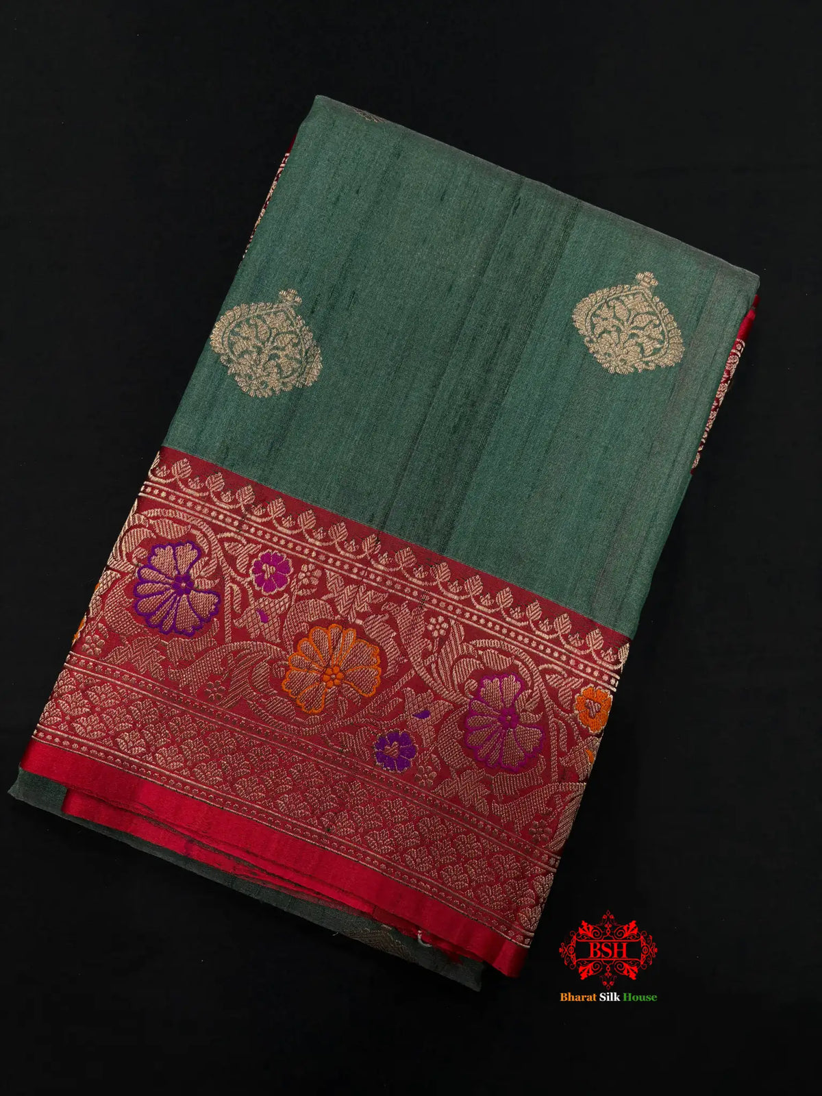 Green Shade With Meena Border Pure Banarasi Tusser Moonga Silk Saree - Pure Kataan Silk -