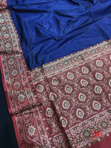 Pure Banarasi  Handloom Katan Silk  Reshami Zari Saree In Shades Of Navy Blue With Red Border - Pure Kataan Silk -