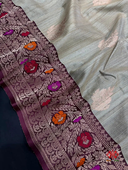 Beige Color With Meena Border Pure Banarasi Tusser Moonga Silk Saree - Tussar -