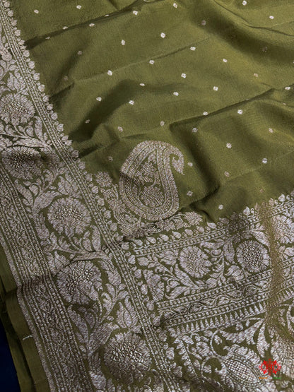 Pure Silk Crape Khaddi Georgette Saree With Antique Zari In Shades Of Green - Crepe Khaddi - 