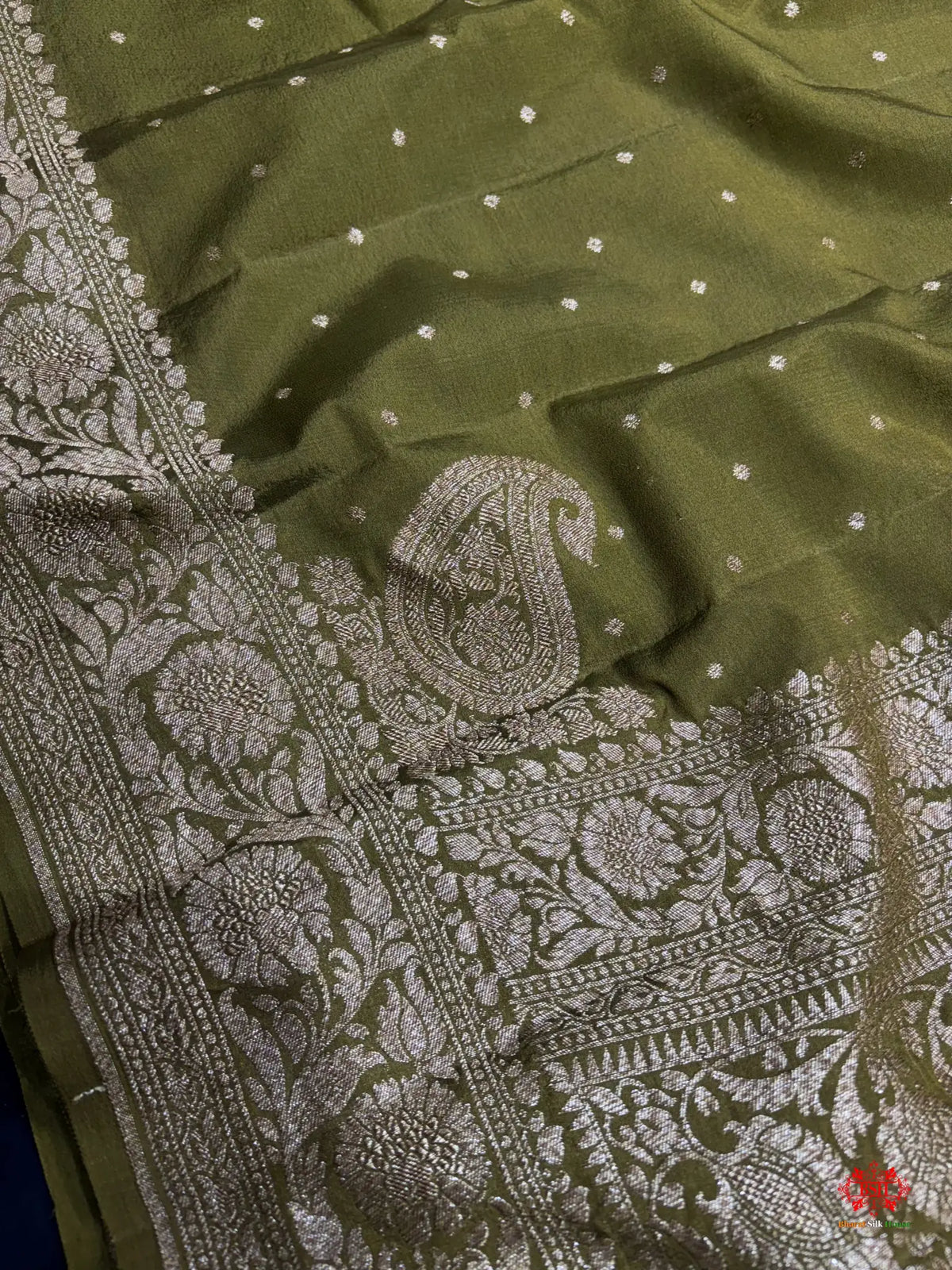 Pure Silk Crape Khaddi Georgette Saree With Antique Zari In Shades Of Green - Crepe Khaddi -