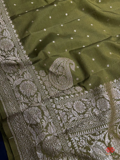Pure Silk Crape Khaddi Georgette Saree With Antique Zari In Shades Of Green - Crepe Khaddi -