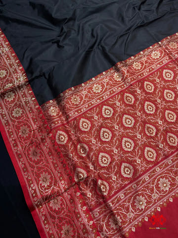 Pure Banarasi  Handloom Katan Silk Reshami Zari Saree In Shades Of Black With Red Border - Pure Kataan Silk -