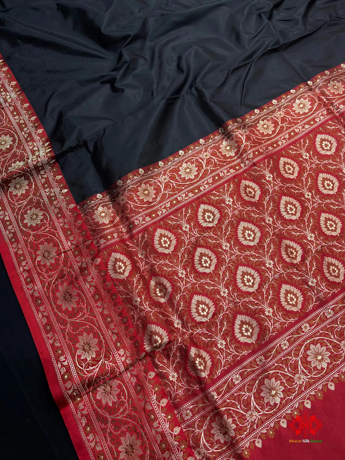 Pure Banarasi  Handloom Katan Silk Reshami Zari Saree In Shades Of Black With Red Border - Pure Kataan Silk -