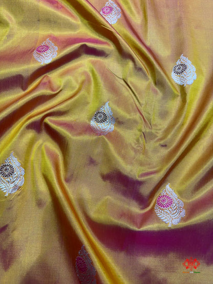 Pure Banarasi  Handloom Katan Silk Antique Meena Zari Saree In Cross Shades Of Yellow/Pink - Pure Kataan Silk -