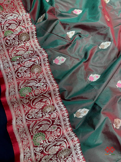 Pure Banarasi  Handloom Katan Silk Antique Meena Zari Saree In Cross Shades Of Green/Red - Pure Kataan Silk -