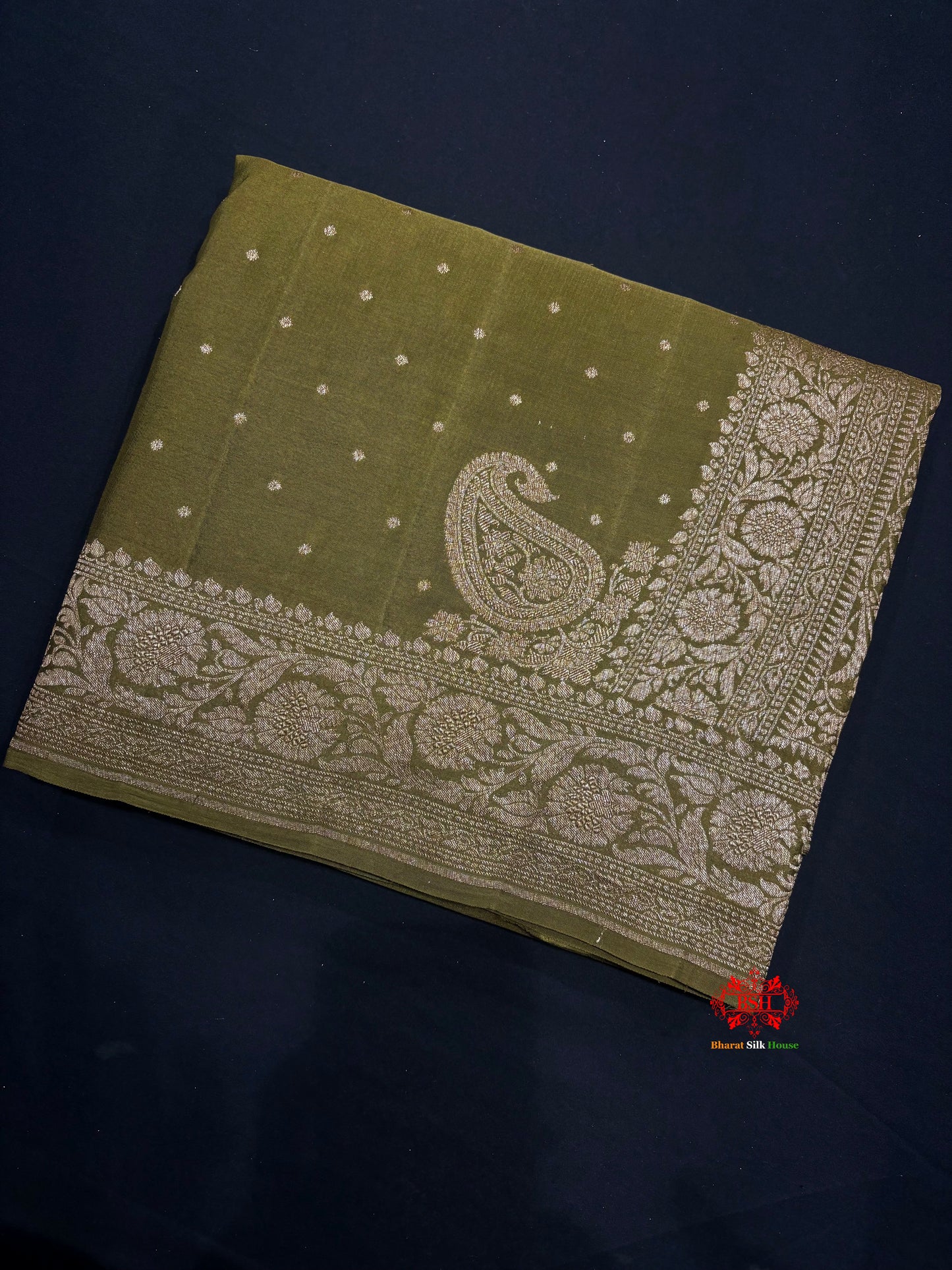 Pure Silk Crape Khaddi Georgette Saree With Antique Zari In Shades Of Green - Crepe Khaddi - 