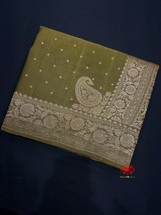 Pure Silk Crape Khaddi Georgette Saree With Antique Zari In Shades Of Green - Crepe Khaddi - 
