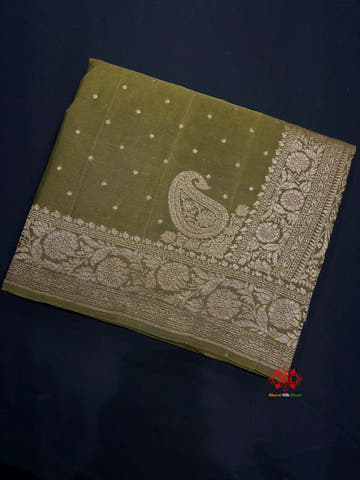 Pure Silk Crape Khaddi Georgette Saree With Antique Zari In Shades Of Green - Crepe Khaddi -