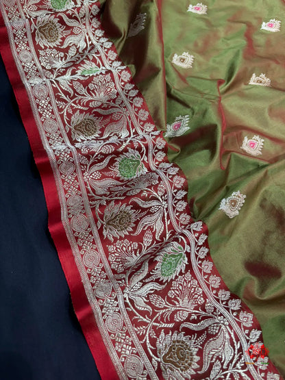 Pure Banarasi  Handloom Katan Silk Antique Meena Zari Saree In Cross Shades Of Green/Red - Pure Kataan Silk -