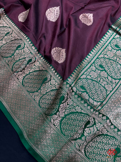 Pure Banarasi  Handloom Katan Silk  Antique Zari Saree In Shades Of Coffee Brown - Pure Kataan Silk - 