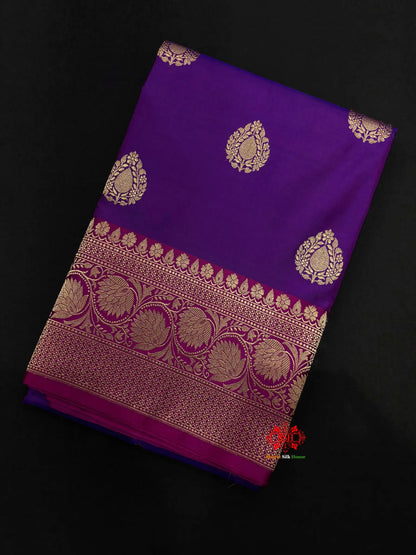 Pure Banarasi  Handloom Katan Silk  Antique Zari Saree In Shades Of Indigo Blue - Pure Kataan Silk -