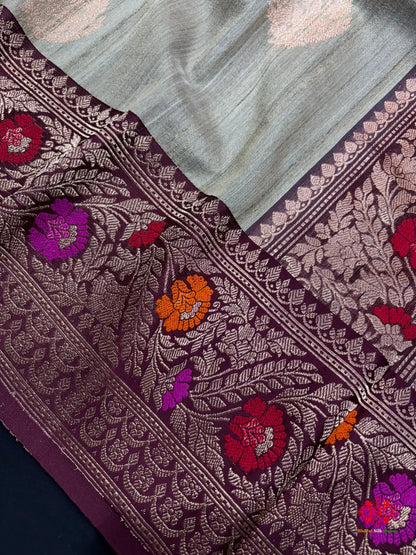 Beige Color With Meena Border Pure Banarasi Tusser Moonga Silk Saree - Tussar -