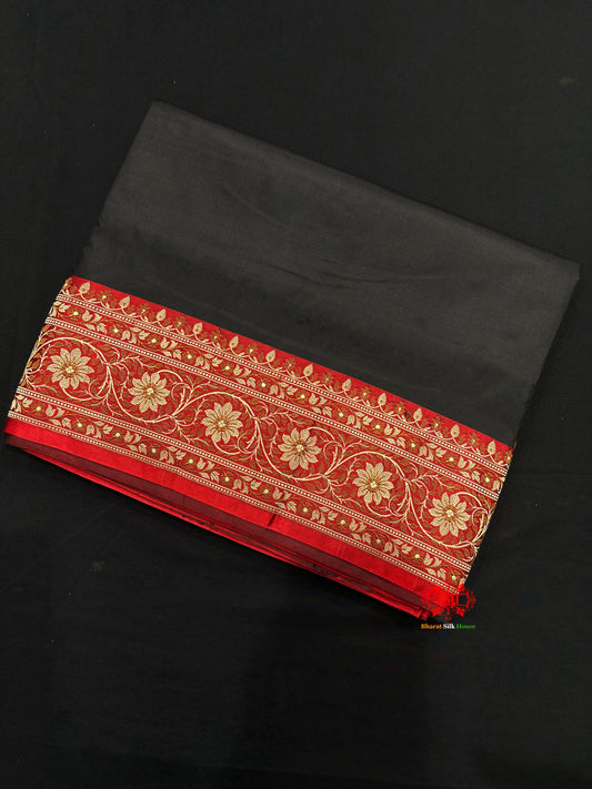 Pure Banarasi  Handloom Katan Silk Reshami Zari Saree In Shades Of Black With Red Border - Pure Kataan Silk - 