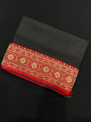 Pure Banarasi  Handloom Katan Silk Reshami Zari Saree In Shades Of Black With Red Border - Pure Kataan Silk -