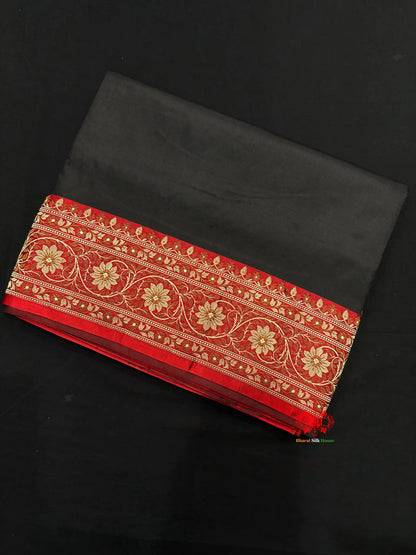 Pure Banarasi  Handloom Katan Silk Reshami Zari Saree In Shades Of Black With Red Border - Pure Kataan Silk -