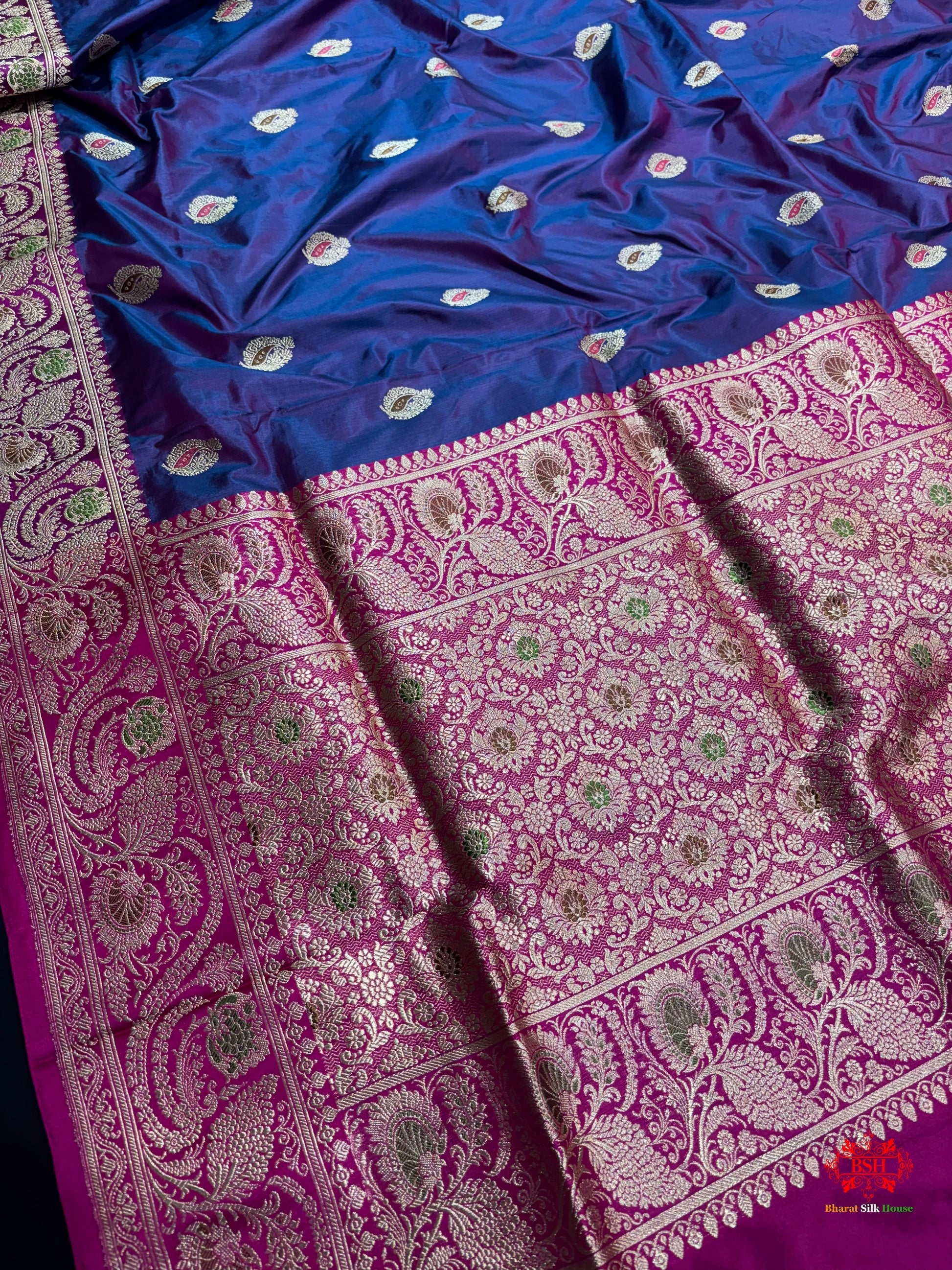 Pure Banarasi  Handloom Katan Silk Antique Meena Zari Saree In Cross Shades Of Blue/Pink - Pure Kataan Silk - 