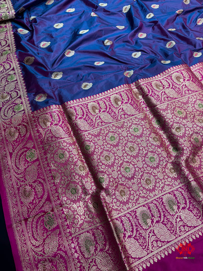 Pure Banarasi  Handloom Katan Silk Antique Meena Zari Saree In Cross Shades Of Blue/Pink - Pure Kataan Silk - 