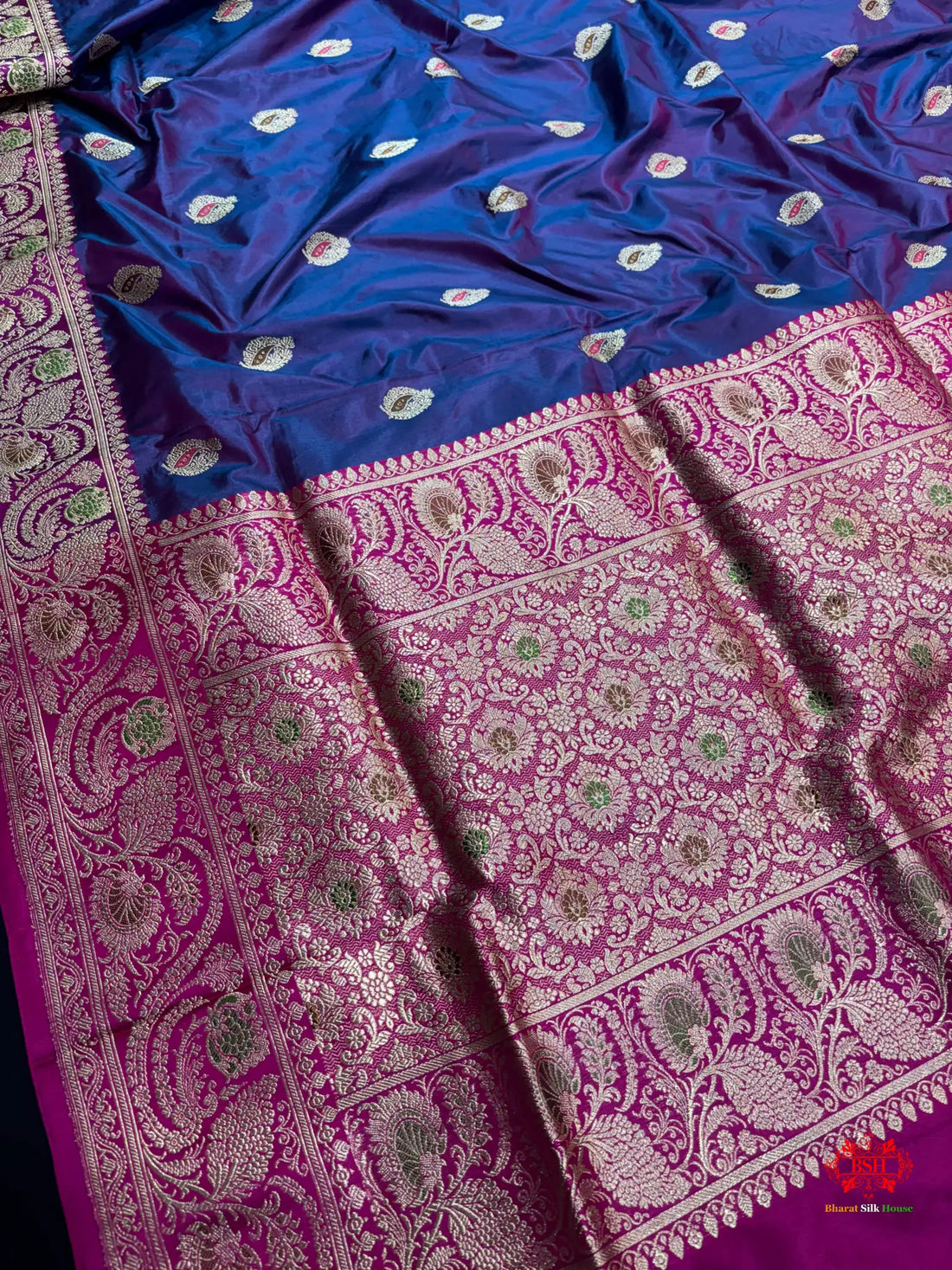Pure Banarasi  Handloom Katan Silk Antique Meena Zari Saree In Cross Shades Of Blue/Pink - Pure Kataan Silk -