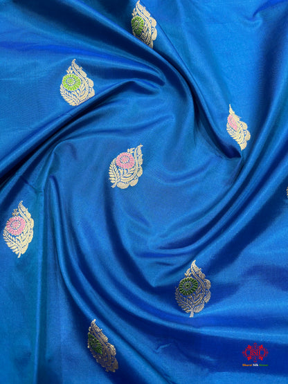 Pure Banarasi  Handloom Katan Silk Antique Meena Zari Saree In Shades Of Blue - Pure Kataan Silk - 