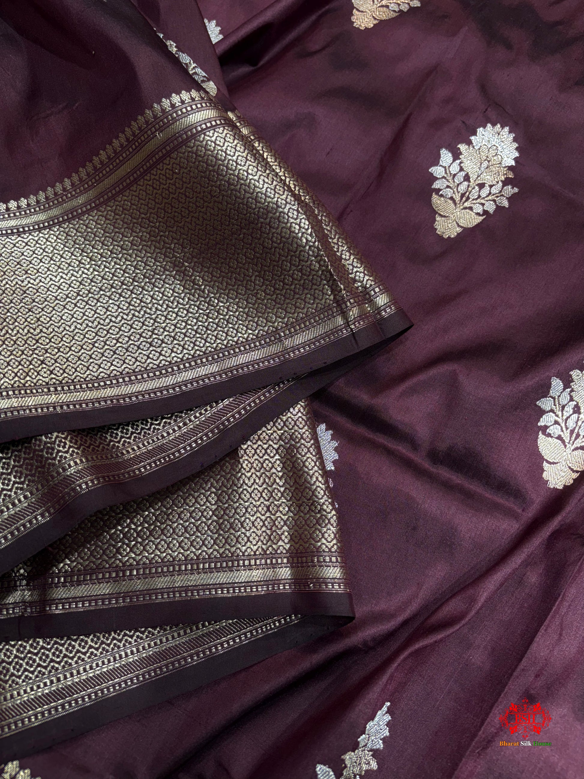 Pure Banarasi  Handloom Katan Silk  Antique Dual Zari Saree In Shades Of Garnet - Pure Kataan Silk - 