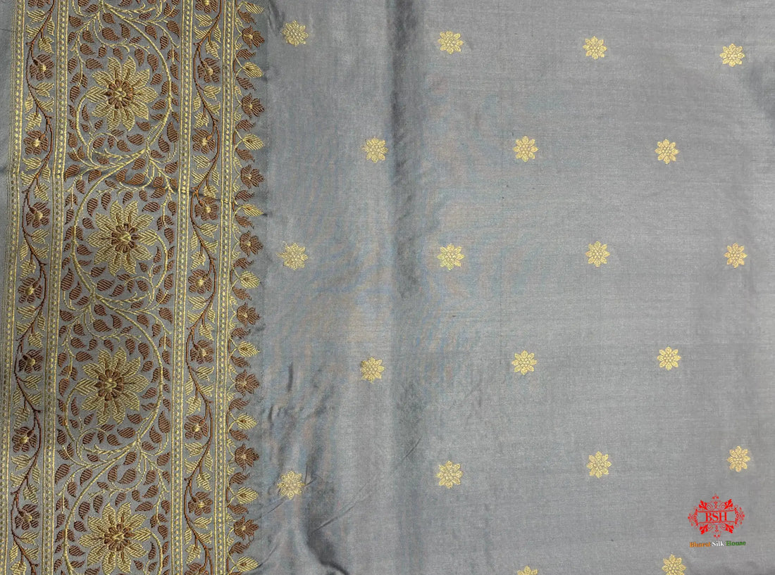 Pure Banarasi  Handloom Katan Silk  Reshami Zari Saree In Shades Of Off White With Grey Border - Pure Kataan Silk -