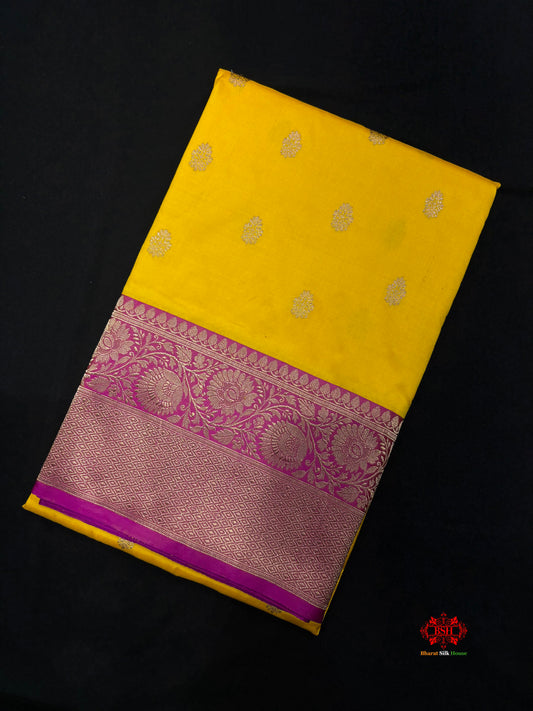 Pure Banarasi  Handloom Katan Silk Antique Zari Saree In Shades Of Yellow - Pure Kataan Silk - 