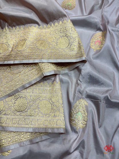 Pure Banarasi  Handloom Katan Silk Antique Zari Meenakari Saree In Shades Of Grey - Pure Kataan Silk - 