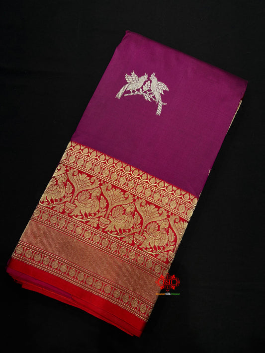 Pure Banarasi  Handloom Katan Silk  Antique Dual Zari Saree In Shades Of Wine - Pure Kataan Silk - 