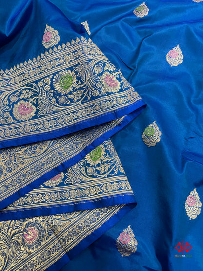 Pure Banarasi  Handloom Katan Silk Antique Meena Zari Saree In Shades Of Blue - Pure Kataan Silk - 