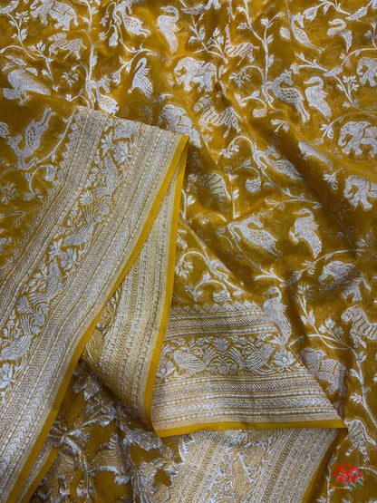 Shade Of Yellow Pure Chiffon Metallic Zari Pure Banarasi Silk Saree - Chiffon Sarees -