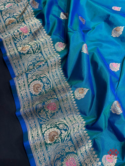Pure Banarasi  Handloom Katan Silk Antique Meena Zari Saree In Shades Of Blue - Pure Kataan Silk - 