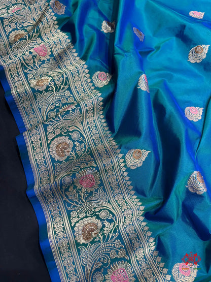 Pure Banarasi  Handloom Katan Silk Antique Meena Zari Saree In Shades Of Blue - Pure Kataan Silk -