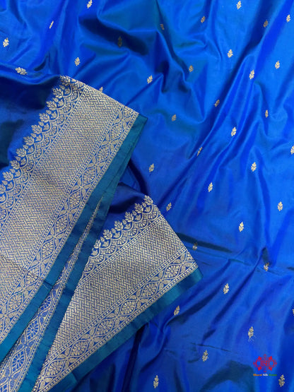 Pure Banarasi  Handloom Katan Silk Antique Zari Saree In Shades Of Blue - Pure Kataan Silk -