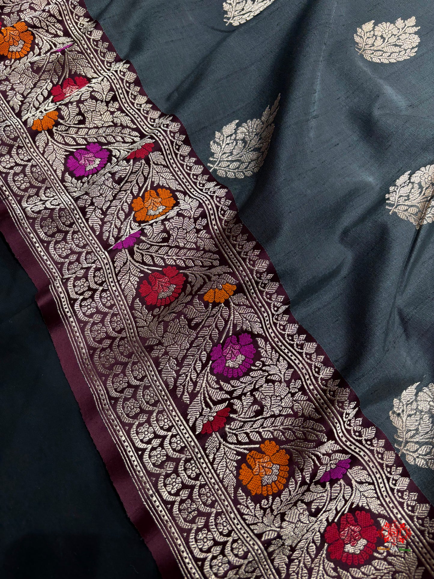 Black Shade With Meena Border Pure Banarasi Tusser Moonga Silk Saree - Pure Kataan Silk - 
