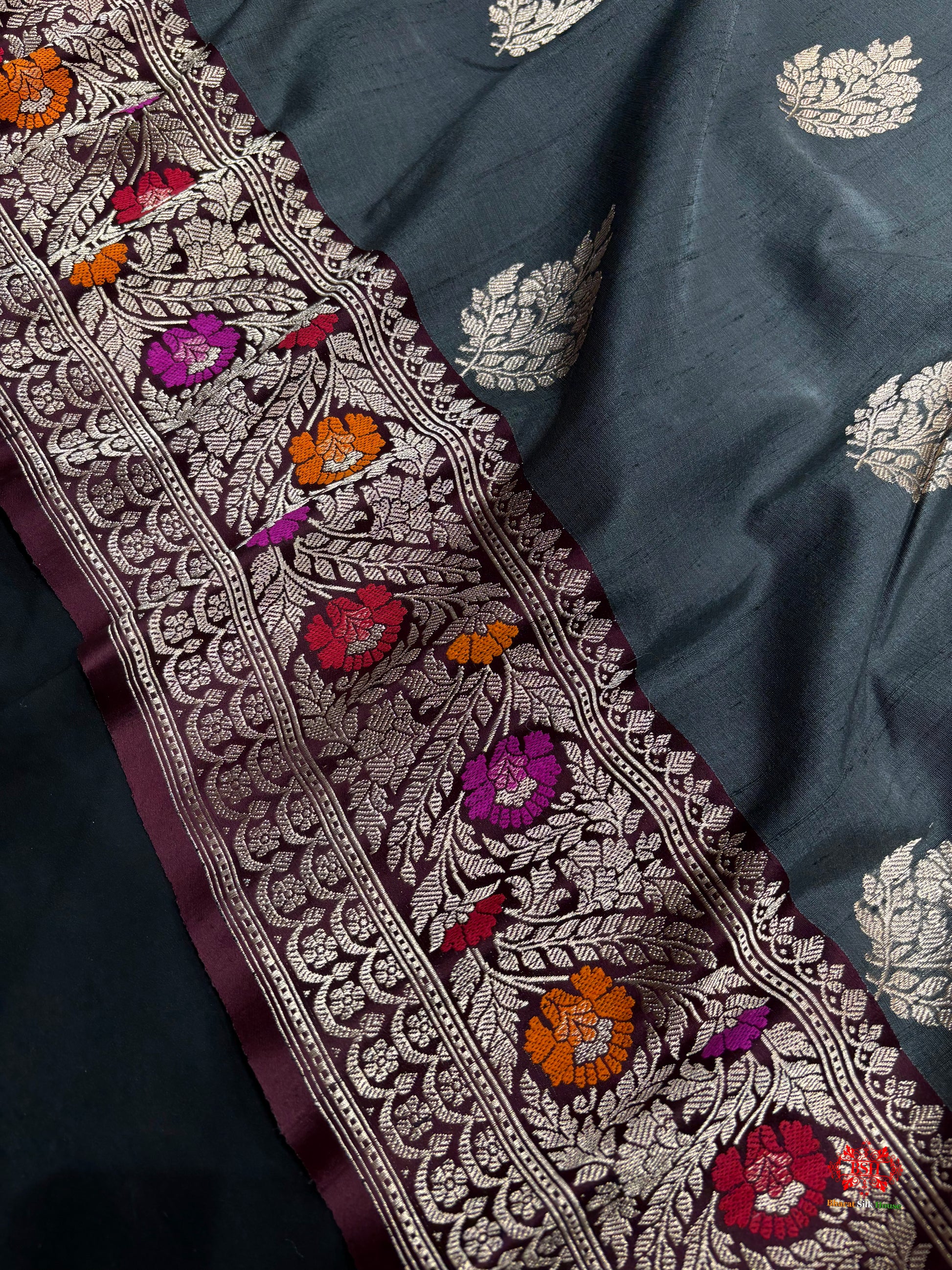 Black Shade With Meena Border Pure Banarasi Tusser Moonga Silk Saree - Pure Kataan Silk - 