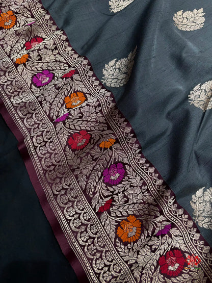 Black Shade With Meena Border Pure Banarasi Tusser Moonga Silk Saree - Pure Kataan Silk -