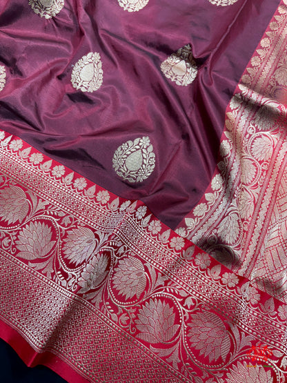 Pure Banarasi  Handloom Katan Silk  Antique Zari Saree In Shades Of Garnet - Pure Kataan Silk - 