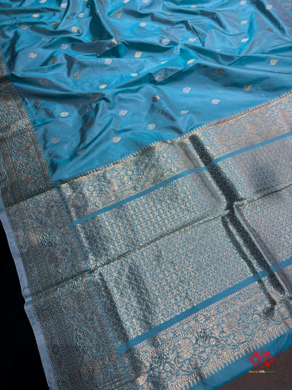Pure Banarasi  Handloom Katan Silk  Antique Dual Zari Saree In Shades Of Firozi - Pure Kataan Silk - 